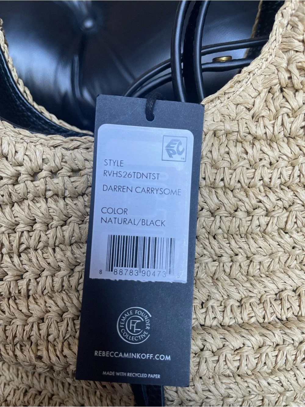 Rebecca Minkoff Darren Carrysome Raffia & Black Leather Shoulder Bag with Tags